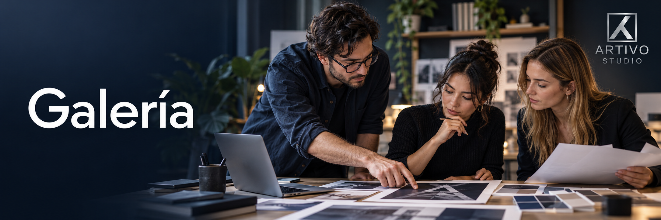 Galería — personas revisando diseños; imagen ilustrativa con logo de Artivo Studio